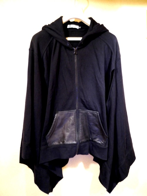 レア◆T by AlexanderWang アレキサンダーワン レザーxコットン切替 ポンチョ風 ビッグシルエット パーカー S 黒◆