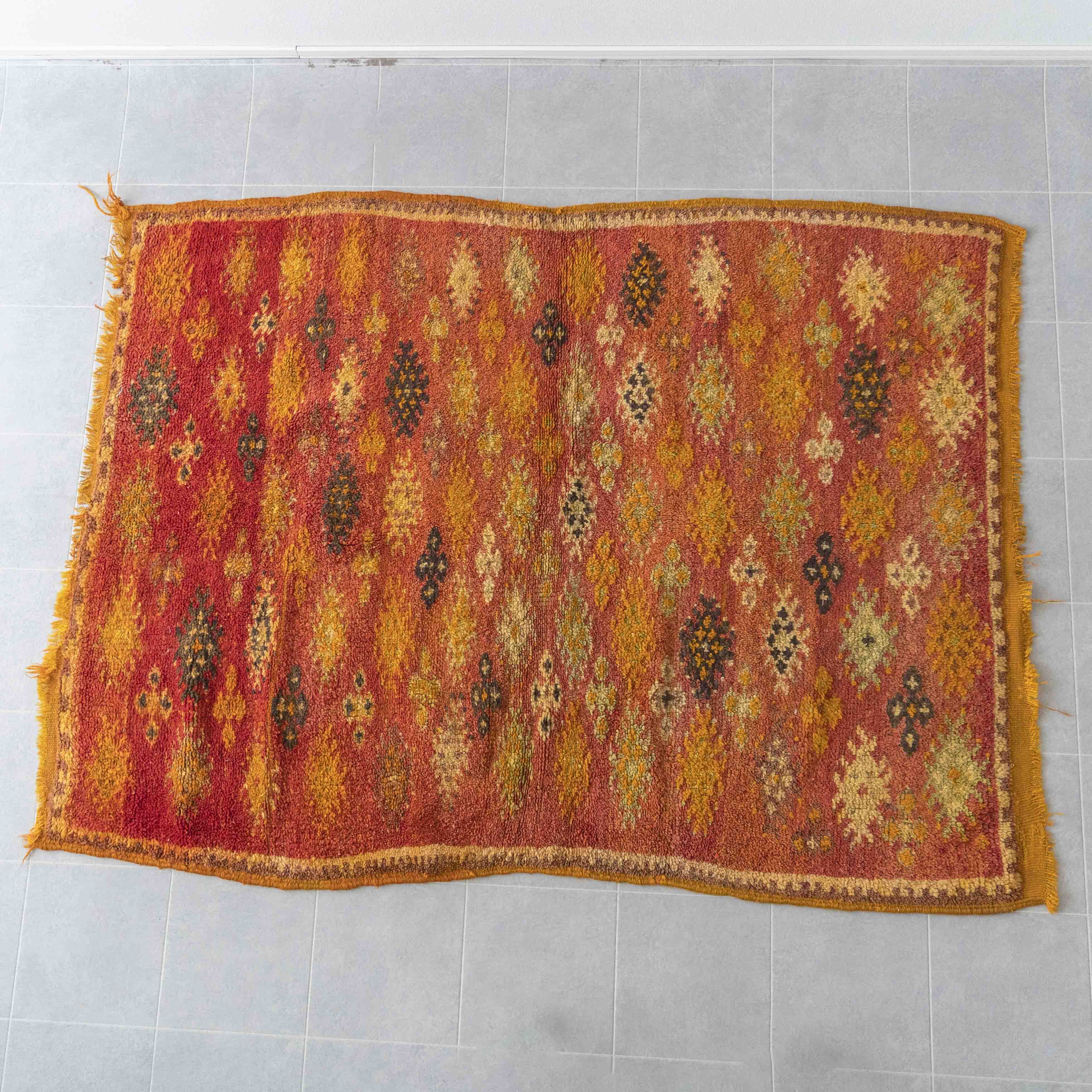 オレンジ 幾何学模様 ラグモロッコ現地購入ハンドメイド