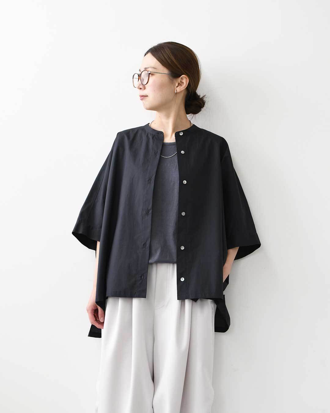 mizuiro ind [ミズイロ インド] half slv stand collar wide shirt [2