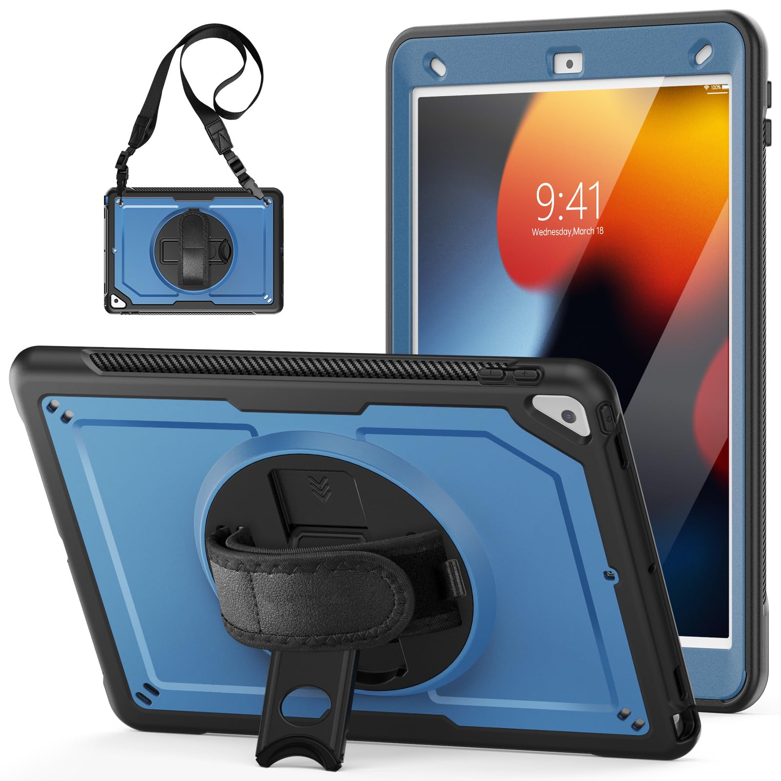 For iPad 第7/8/9世代 (10.2インチ) / iPad Air 3 (10.5インチ) ケース カバー 360度回転 ハンド&ショルダーストラップ付き 防塵・耐衝撃 落下防止 キッズ向けリングハンドル スタンド機能付き 肩掛けデザイン(紺色, iPad 7/8/9 / iPad air 3)