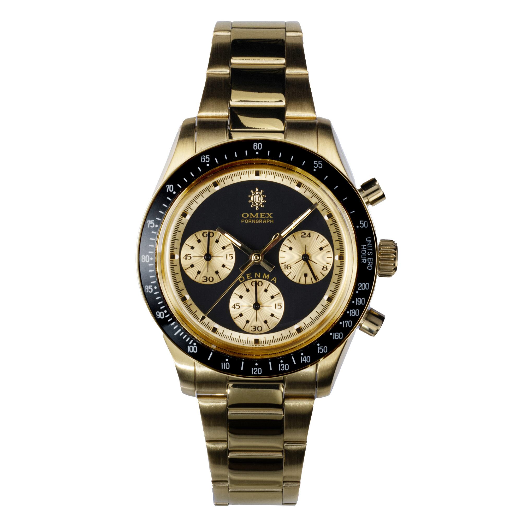 【OMEX】CHRONOGRAPH WATCH DENMA Vintage Model ゴールド×ブラック(ブラックベゼル) メンズ 男性用 日本製ムーブメント 腕時計