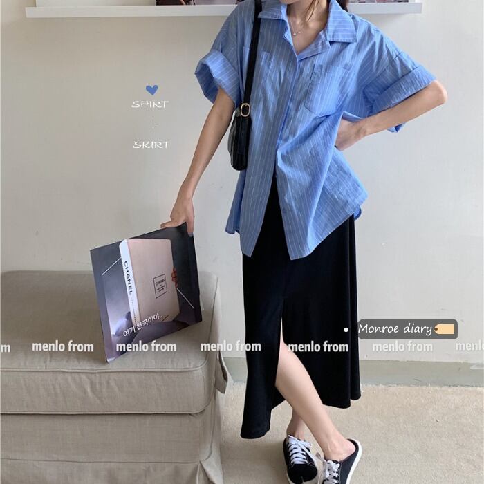 ブルーストライプシャツ ルーズサマートップス コート 夏物 モンロー11323330287
