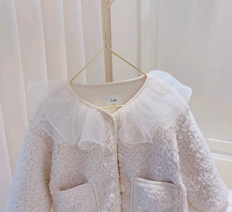 チュール襟ふわもこアウター…….海外子供服 プチプラ 韓国 カーディガン コート 女の子