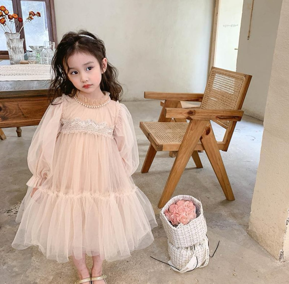 送料無料☆予約商品】チュール＆レースワンピース 秋冬 ニット ベビー