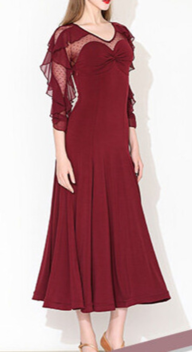 チュールスリーブ シースルー ミモレ フレアワンピース　ds1498