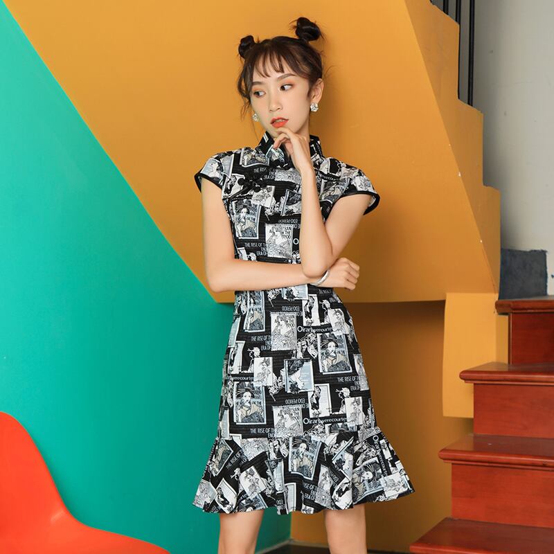 チャイナ風ワンピース 改良唐装 改良漢服 チャイナ風服 中華服 改良型チャイナドレス スタンドネック 半袖 ロング丈 マーメイドライン 着痩せ 可愛い 普段着 女子会 同窓会 ブラック 黒い Elegant