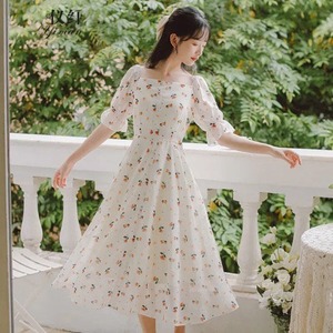 ワンピース ロングワンピース シフォン 花柄 膝下 透け感 半袖 ガーリー ワンピース ふんわり 体型カバー 10代 20代 夏 フラワー ワンピース ロングワンピース デート こなれ感 ガーリー 夏