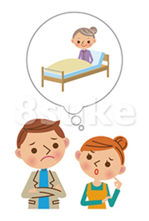 イラスト素材：寝たきりの母親の介護について悩む若い夫婦（ベクター・JPG）