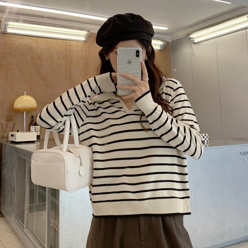 ニット オータムブラウス スタンダードストライプカラー ロング レトロ 秋物 1号婦人49139614551