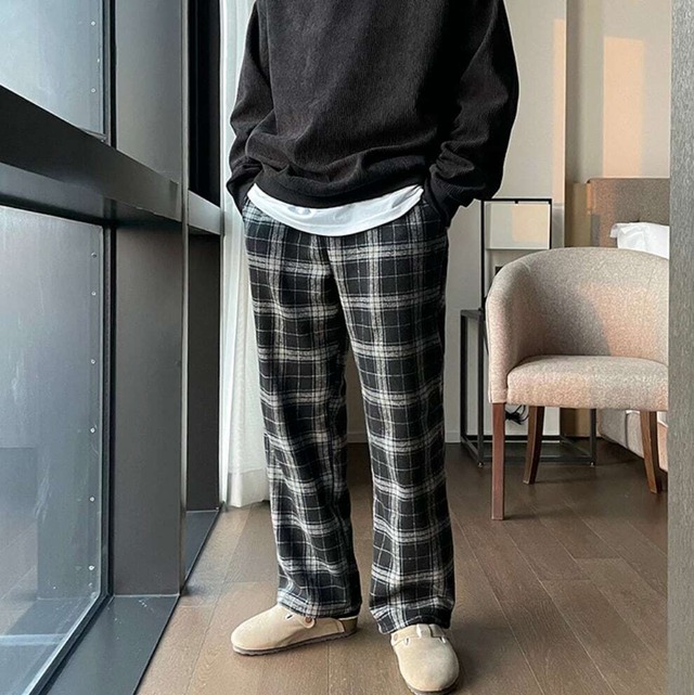 チェック柄 パンツ ジャージ ズボン メンズファッション 韓国 ブラック