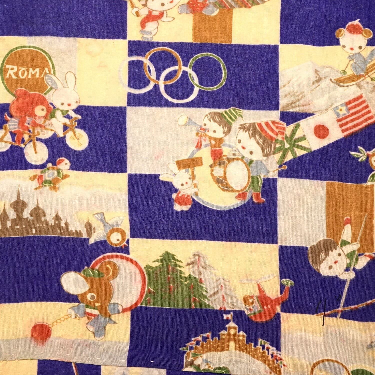 面白柄 オリンピック？ はぎれ ROMA 聖火ランナー 自転車 スキー 古布