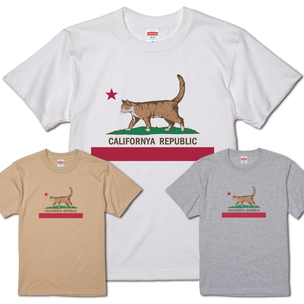 Californya Republic カリフォルニャ リパブリック 半袖 Tシャツ ホワイト 猫 カリフォルニア州旗 パロディ おもしろtシャツ 動物 T Shirt メンズ レディース 男女兼用 ユニセックス Tシャツ工房 ハポン