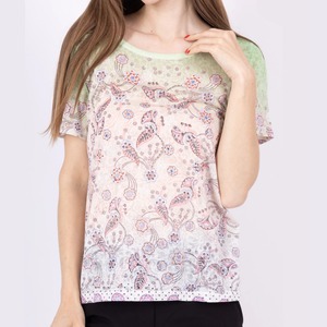 大人女性の花柄ペイズリー半袖Tシャツ｜選べる3色（オレンジ・グリーン・ブルー）上品フェミニントップス 春夏 40代 50代