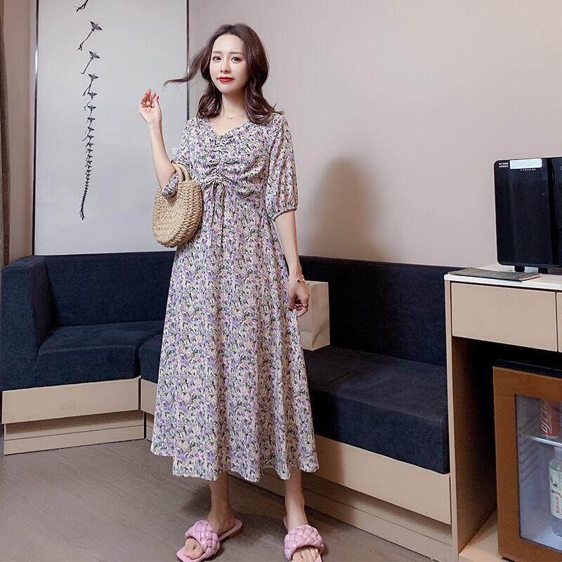 【新作】【送料無料】 マタニティウェア2020夏の新しいシフォンフローラルVネックドレス小さな新鮮なミドル丈のトレンディなマタニティドレス-アリババ サマー 夏物 花柄 expec274767259641