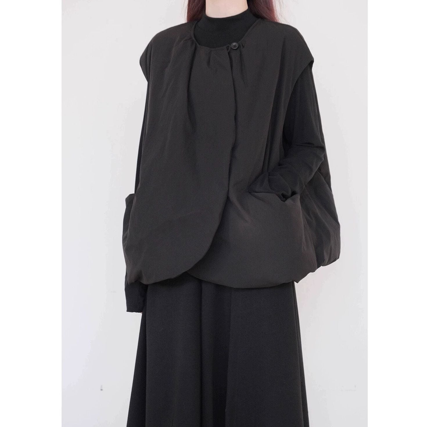 BLACK ROUND NECK DOWN-COTTON PADDED VEST JACKET 1color M-15473