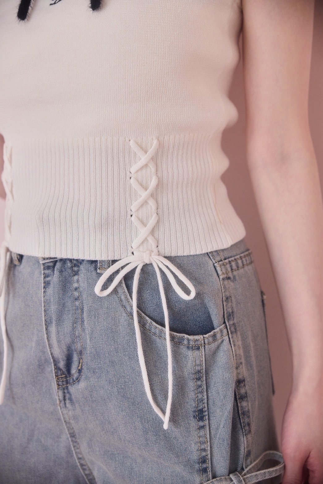 bi-color ribbon knit cami(white) | Désir et Raison