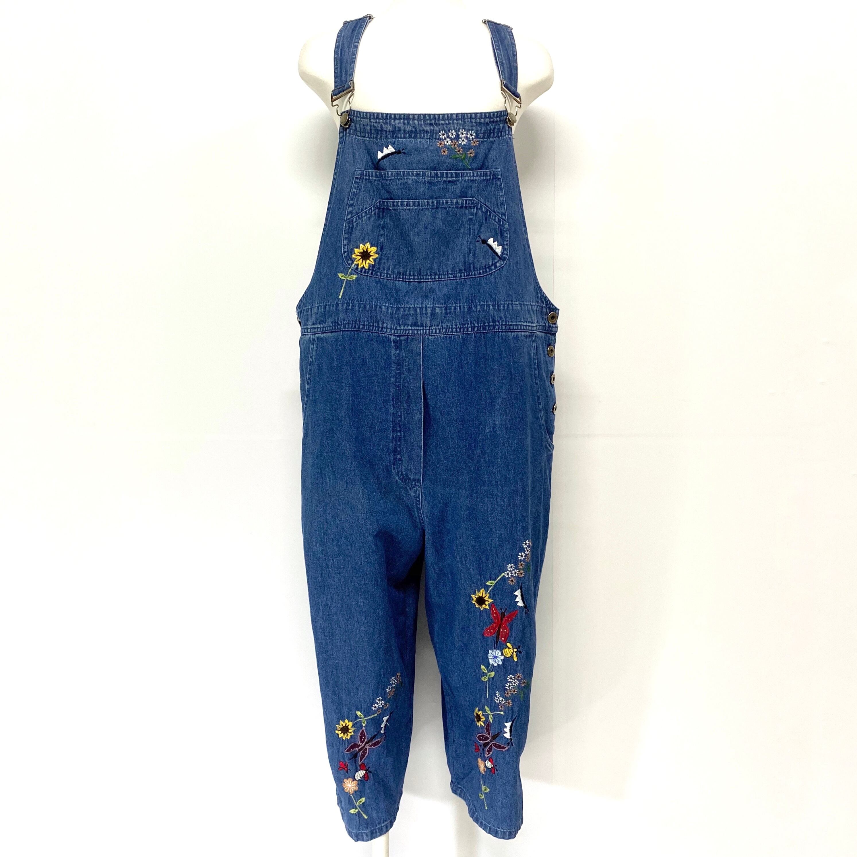 agapo 花柄 刺繍 デニム クロップド 七分丈 オーバーオール レディース 