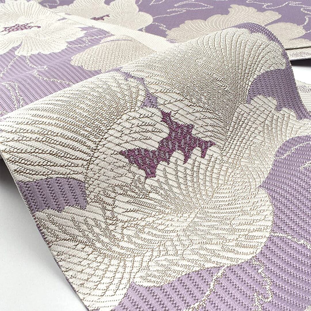 半幅帯]博多織 老舗 協和織工場 謹製 白牡丹 両面柄 正絹 日本製(商品