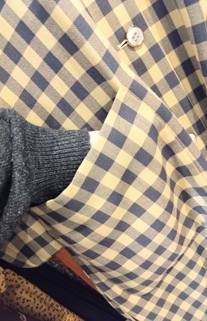 クリームイエロー×グレーギンガムチェックスプリングコート/レナウン毛100%