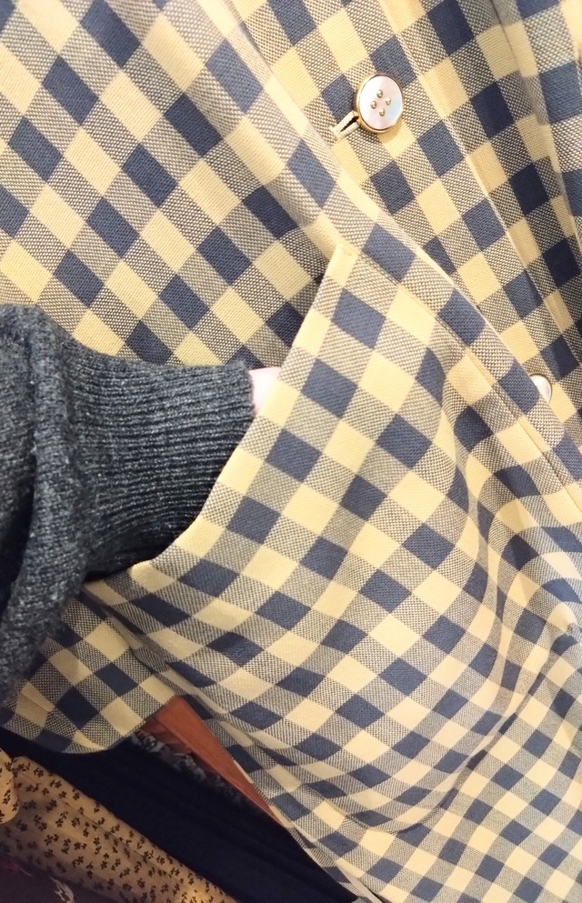 クリームイエロー×グレーギンガムチェックスプリングコート/レナウン毛100%