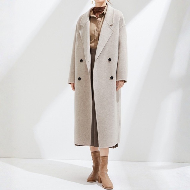 Suit collar elegant double breast slimming long wool coat ( 4color )