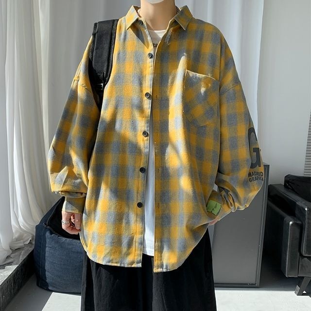 青と黄色のチェック柄 大人し 長袖ネルシャツ
