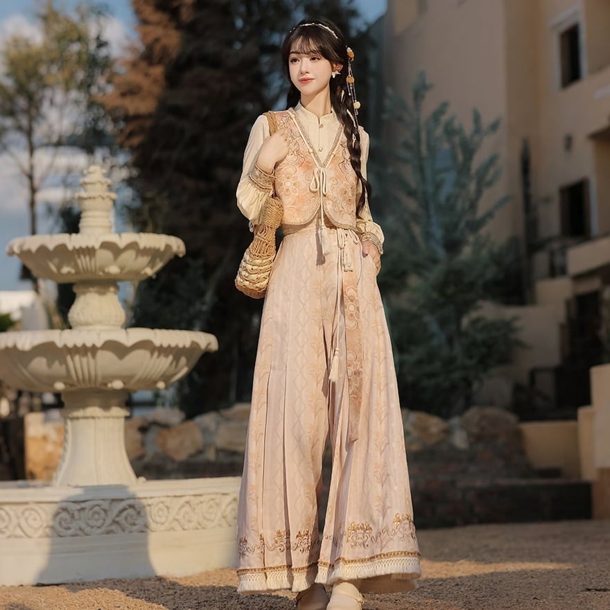 金彩の庭園詩 花柄ベストとワイドパンツのクラロリ系長袖3点セット