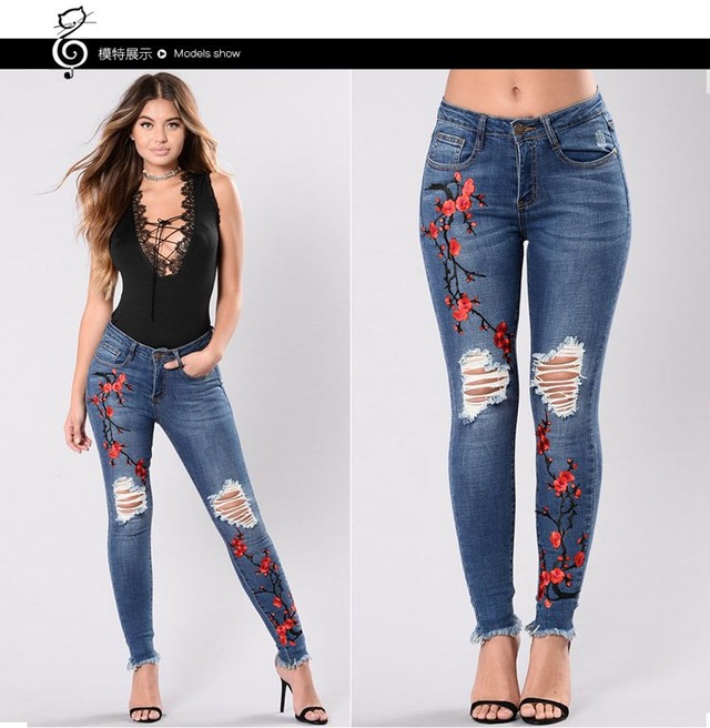 2018女性のヴィンテージ刺繍花セクシーなスキニーボーイフレンドジーンズ女性のジーンズフローレスジーンズビッグサイズ破れたデニムs-3xl