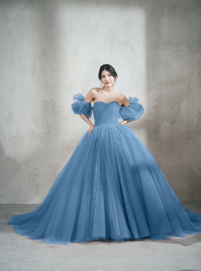 カラードレス ブルー 取り外し袖 キラキラグリッターチュール Aライン  