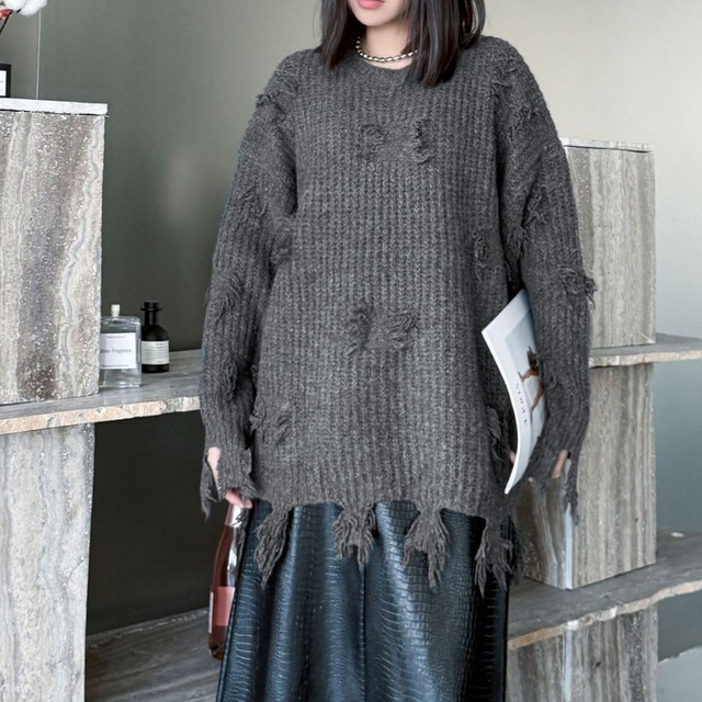 ダメージ加工 長袖 オーバーサイズ ニット 2color PU0442