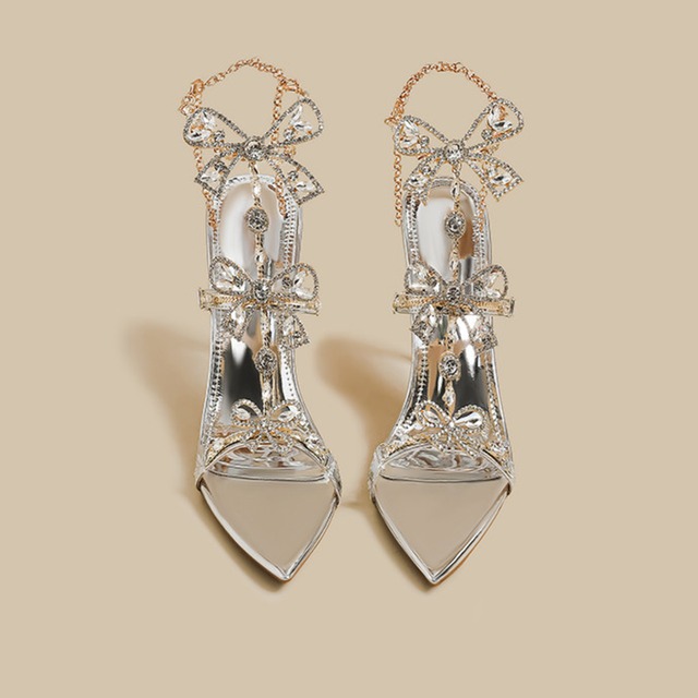 crystal-decorated chain pointed toe high heel sandals m0502