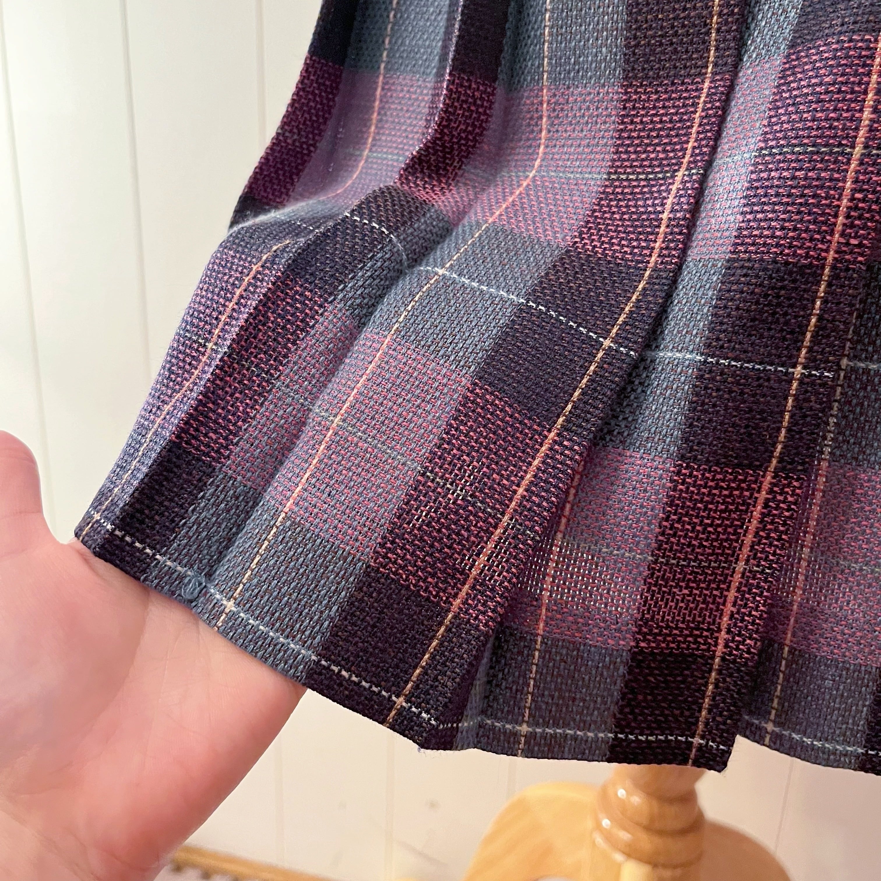 pink green check pleats skirt