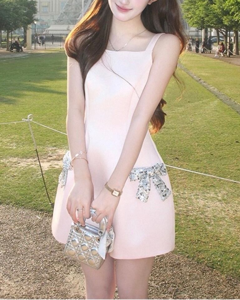 リボンスパンコールサテンピーチワンピース 25W08418