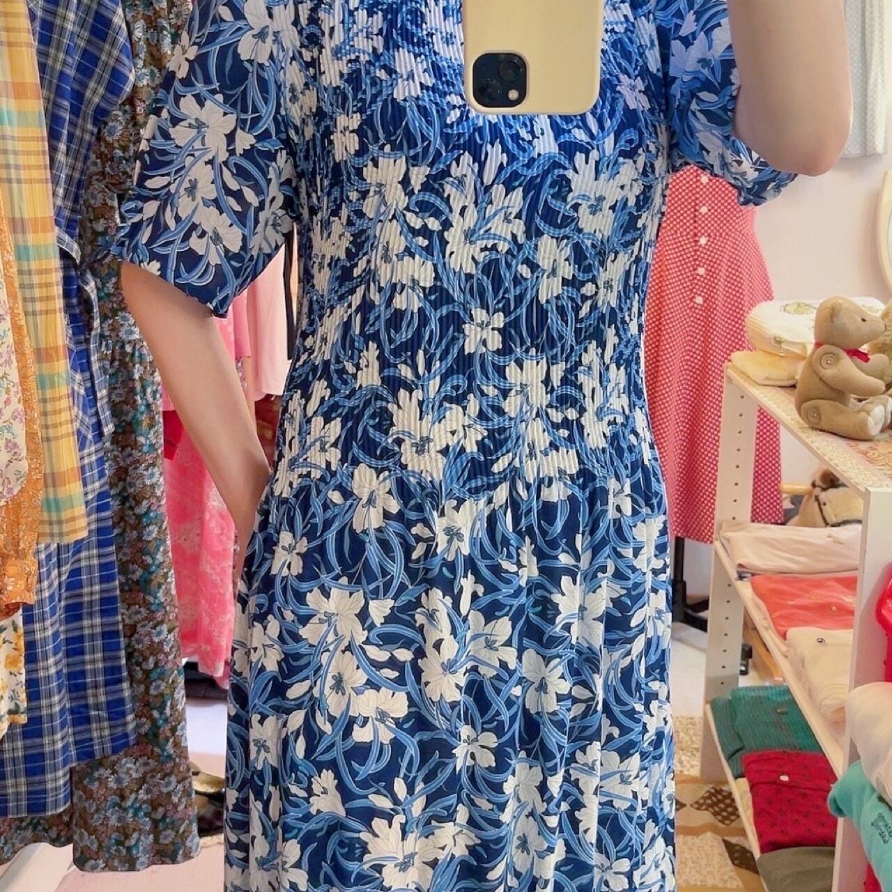 white lily blue pleats one-piece