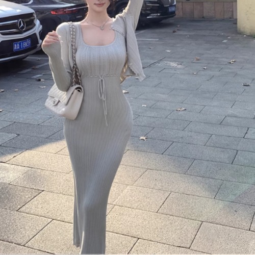 【2点セット】2色／スカラップニットカーデ＋ウエストリボンワンピ ・10412