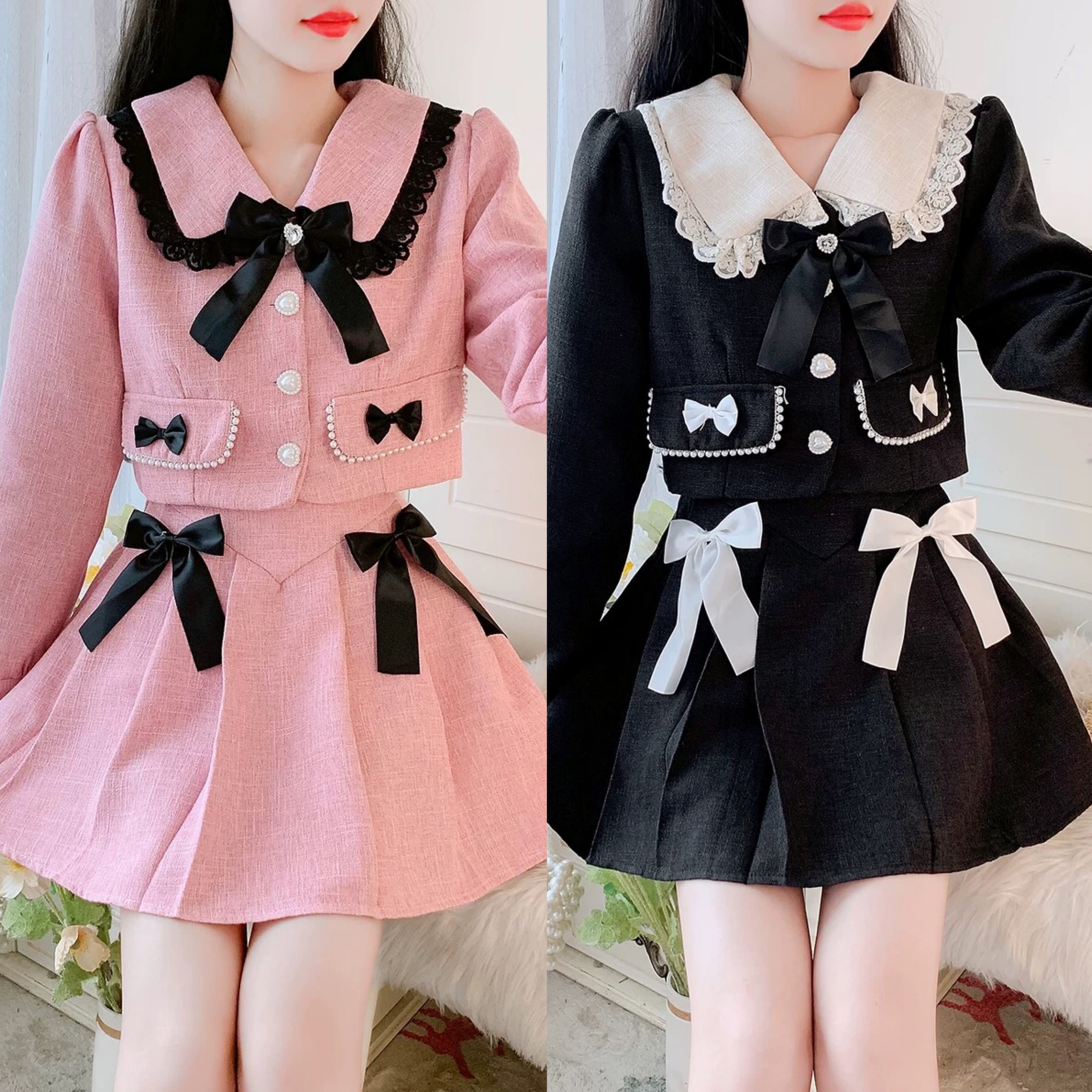 セットアップ】ピンク 黒 リボン スーツ ジャケット スカート 制服