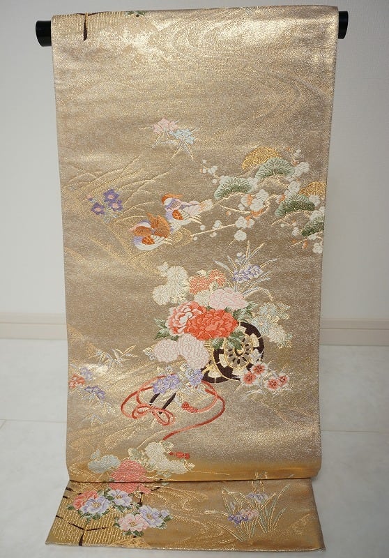西陣織 純金箔二重織 花車 鴛鴦 袋帯 金糸 ベージュ 173 | kimono Re