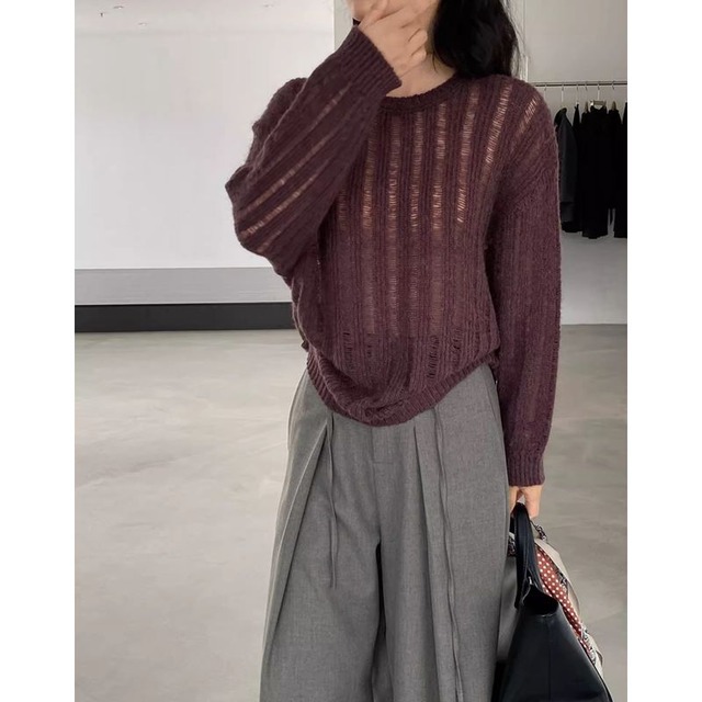 クルーネック透かし編みロングスリーブニット　202166