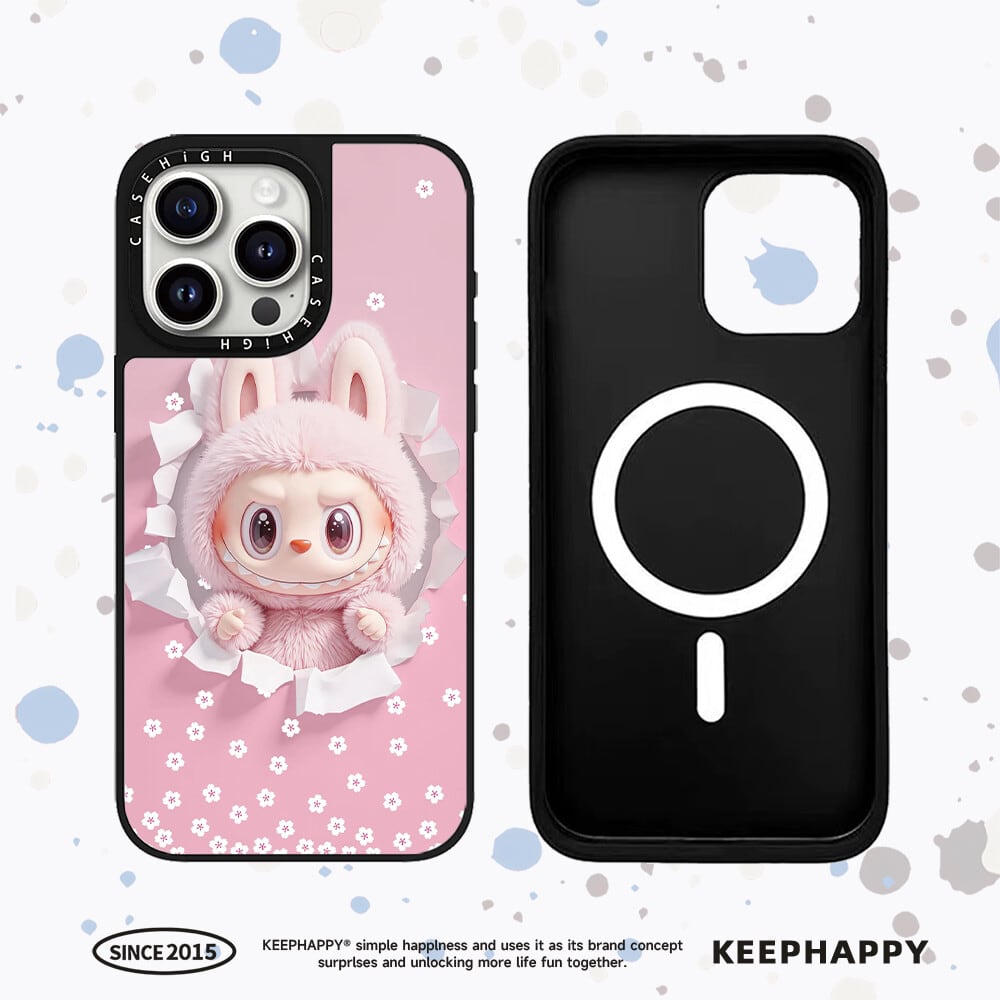 【桜×Labubu 春限定】ピンク ラブブ 壁穴のぞき込み スマホケース MagSafe対応 フレーム4色から選べる めちゃかわ 耐衝撃 クリア iPhone対応