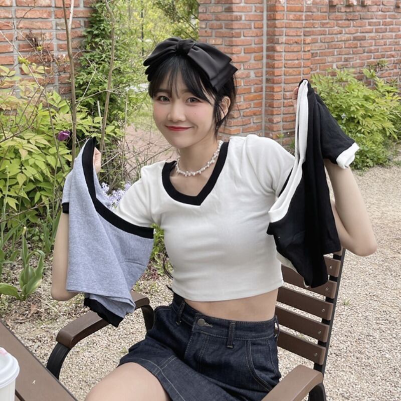 VネックショートTシャツ サマースリム薄手カジュアルトップス 夏物 YY-ファッション97728923510