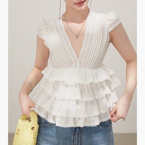tiered cake v-neck pleats lace flare tops m0788