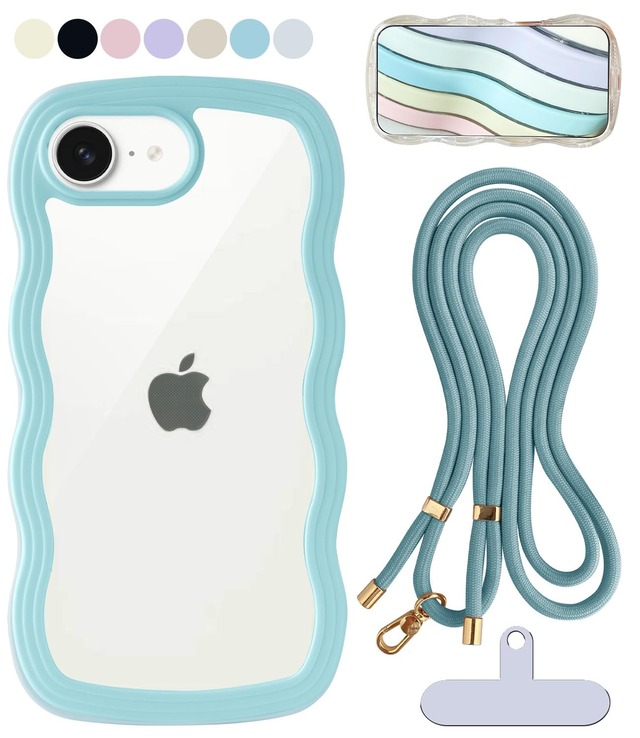 shinyle iphone se3 クリアケース 波型 ショルダー 可愛い スマホケース うねうね おしゃれ se2 ストラップ付き 首掛け 肩掛け 耐衝撃 韓国 透明 推し活 ワイヤレス充電対応 ストラップホール付き iphone8 かわいい おしゃれ スマホカバー なみなみ ウェーブ 第二世代 アイフォンSE 第三世代 携帯ケース 透明カバー ブルー