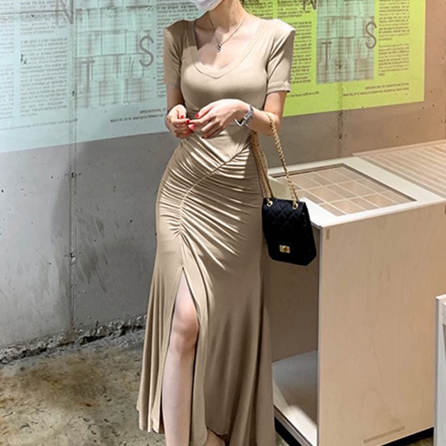 マーメイドワンピース M 半袖 ロング レディース 送料無料 サマー ギャザー スリット 春夏秋 122961