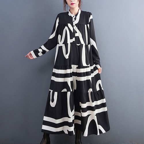 ワンピース 長袖 モノクロ レディース 大きいサイズ ゆったり ロングワンピース 柄ワンピース 白黒 ワンピース 長袖 モノクロ 体型カバー ゆったり ロングワンピース 柄ワンピース 白黒 ロング丈