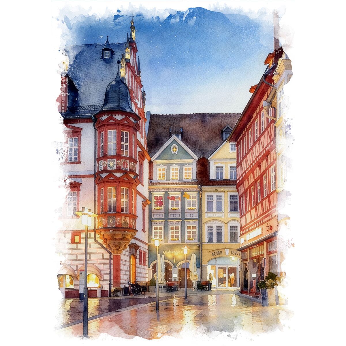絵画 風景画(街並み) ドイツ コーブルクの夜景 インテリアアート額付き