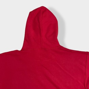 【GILDAN】メキシコ製 HEAVYWEIGHT プリント パーカー 袖ロゴ プルオーバー スウェット フーディー hoodie M 赤 ヘビーウェイト us古着