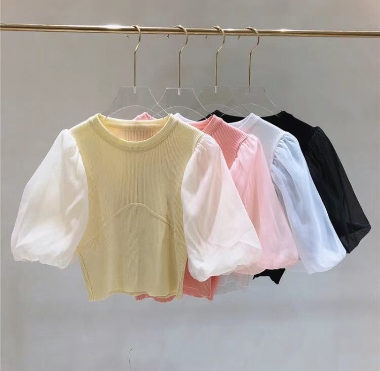 袖シフォン切り替え　クロップドトップス　AJ111-3022