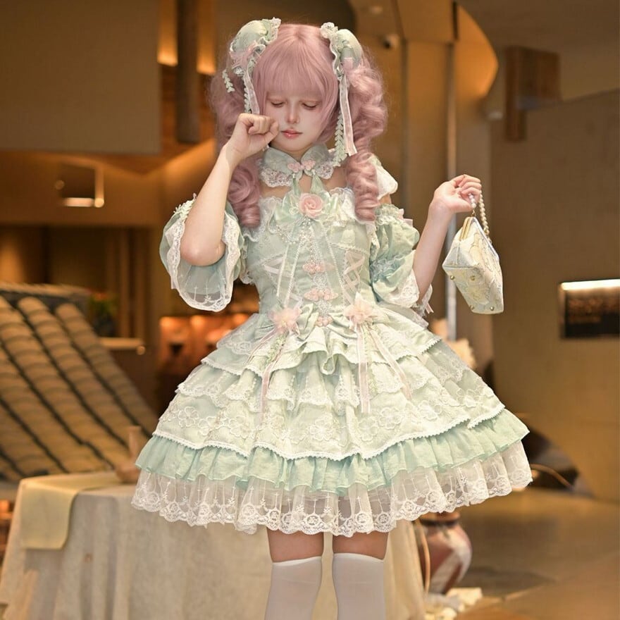 【凜ご飴】3点セット ゴスロリ・ロリータドレス Sサイズ 甘ロリ プリンセスドレス 豪華フリル×多層レース 3色展開 撮影会向け