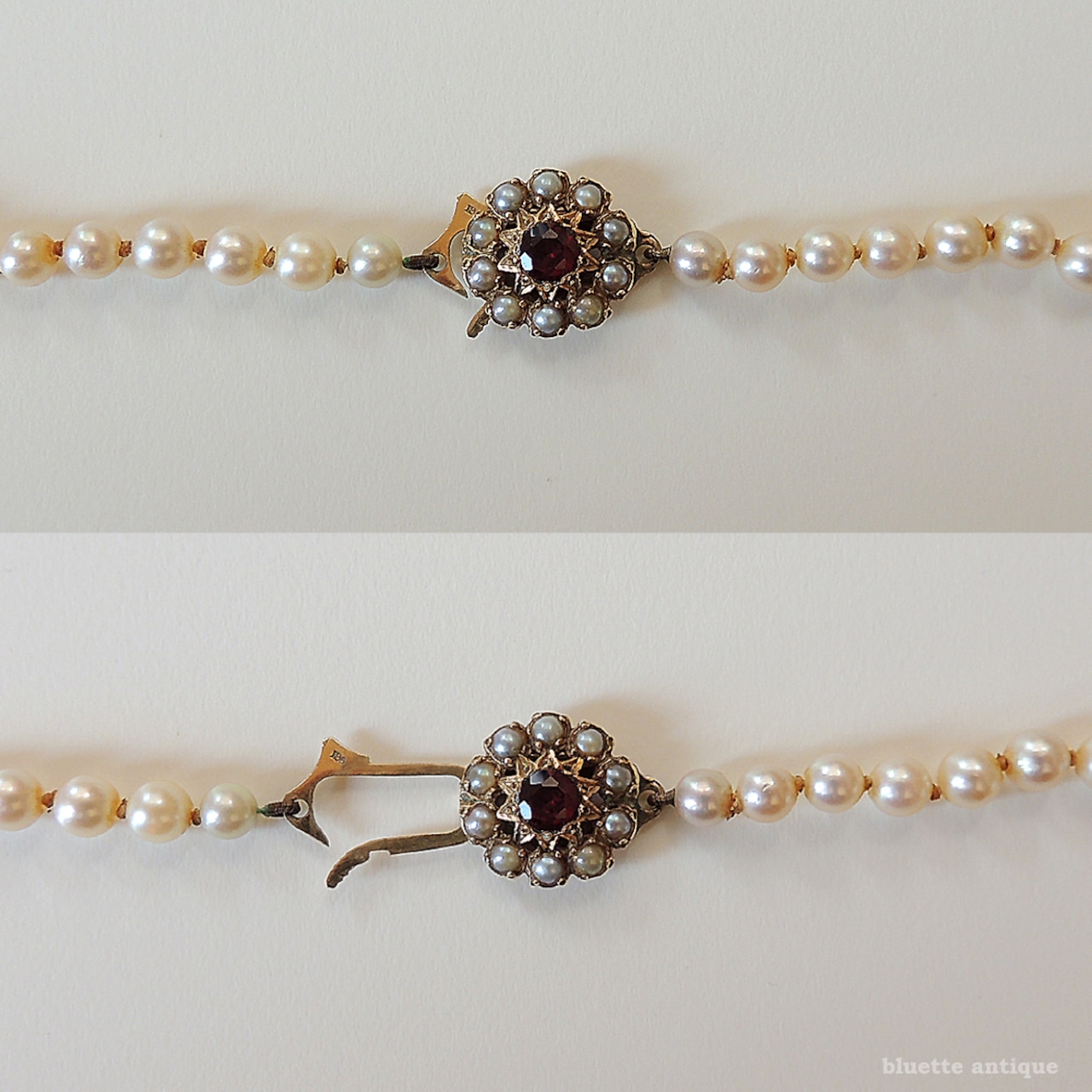 アンティークジュエリー 9ctゴールド アコヤ真珠 天然ロードライトガーネット ネックレス(ソーティングメモ付)