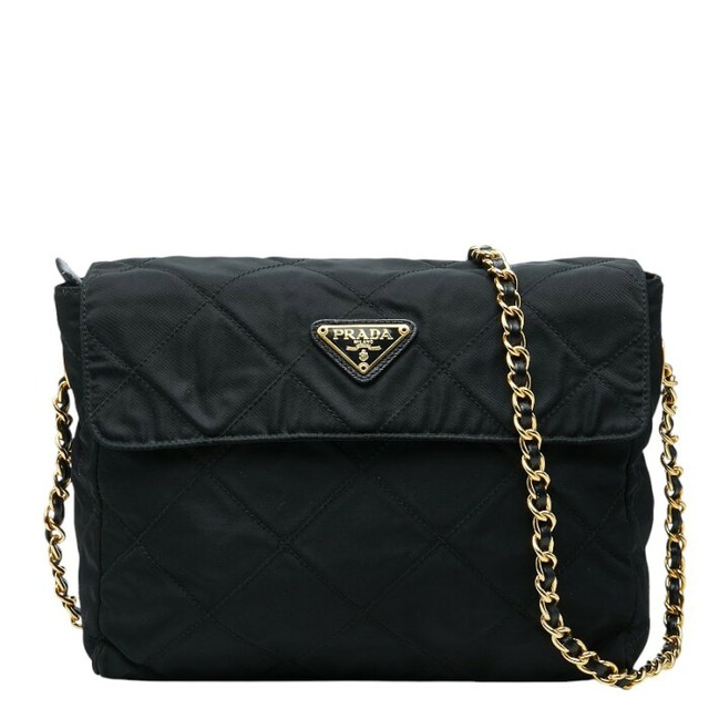 プラダ 三角ロゴプレート チェーン ショルダーバッグ 斜め掛け ブラック ゴールド ナイロン レディース PRADA 【中古】